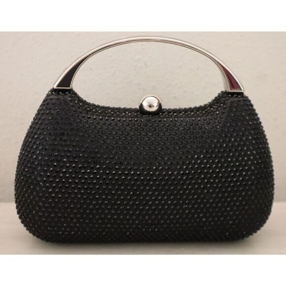 Nina Black Crystal Minaudiere w/Metal Handle & Detachable Drop-In Chain Strap - Picture 5 of 14